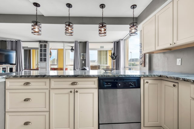 kitchen featuring a wealth of natural light, dark stone countertops, and dishwasher