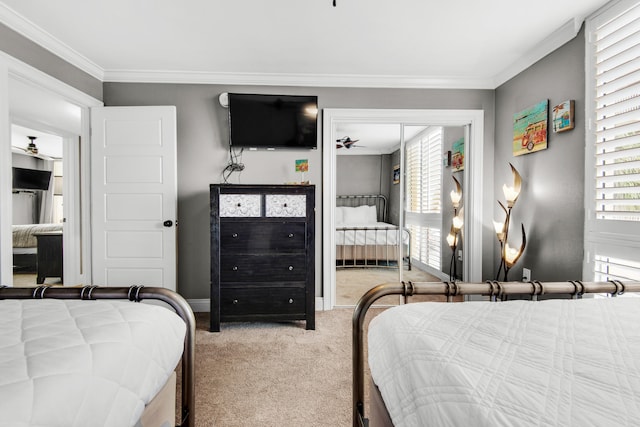 carpeted bedroom with ornamental molding and a closet