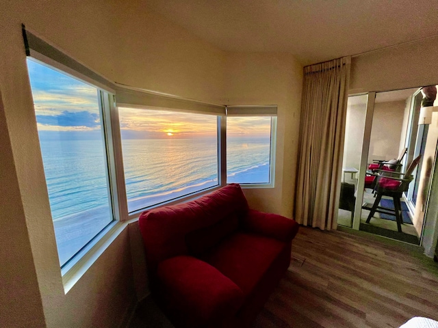 sitting room with hardwood / wood-style floors, a water view, and plenty of natural light