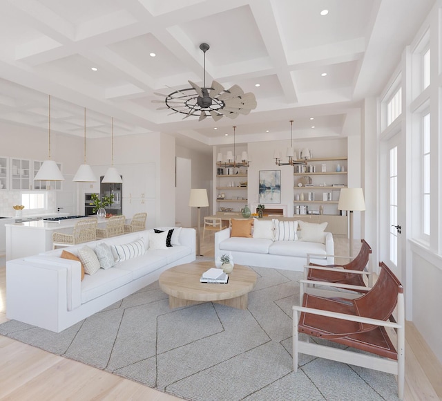 living room with coffered ceiling, beam ceiling, ceiling fan, and light wood-type flooring