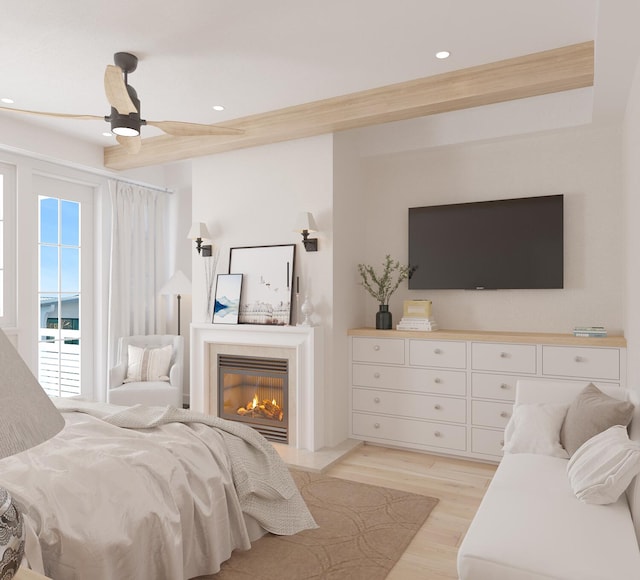 bedroom featuring light hardwood / wood-style flooring and ceiling fan