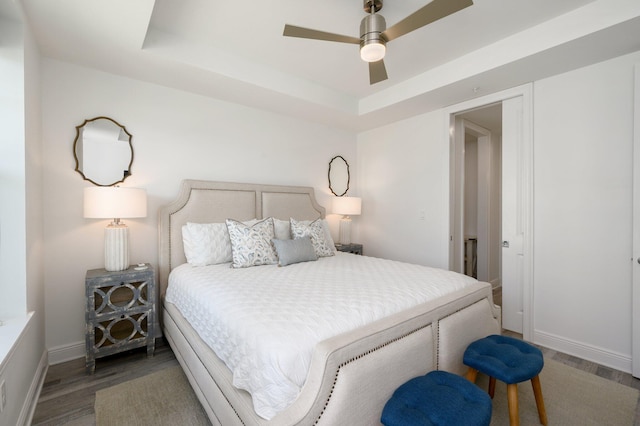 bedroom with dark hardwood / wood-style flooring, ceiling fan, and a raised ceiling