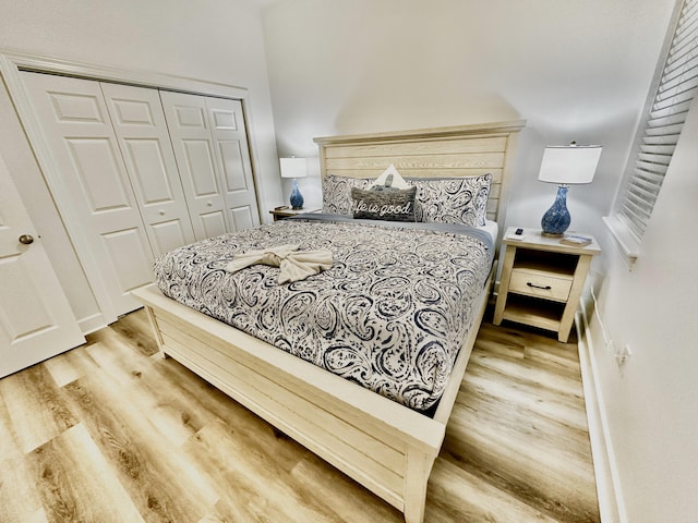 bedroom with a closet and light hardwood / wood-style flooring