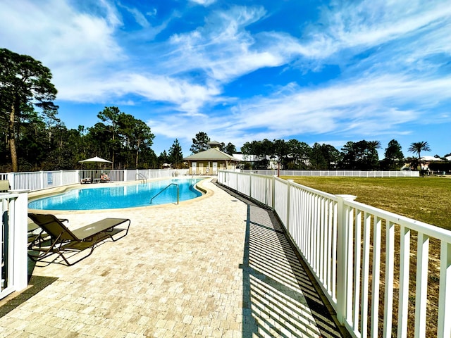 view of swimming pool with a patio area and a yard