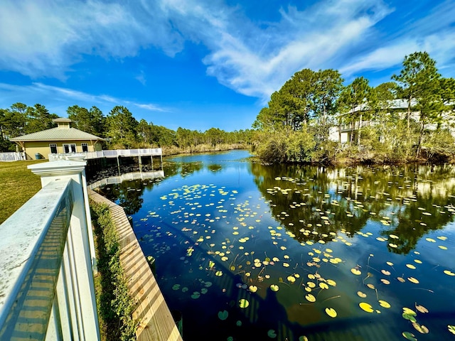 view of dock with a water view