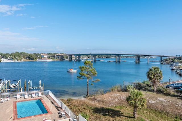 water view featuring a dock