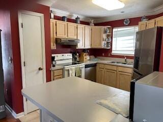 kitchen featuring light brown cabinetry, ornamental molding, white range with electric cooktop, and stainless steel dishwasher