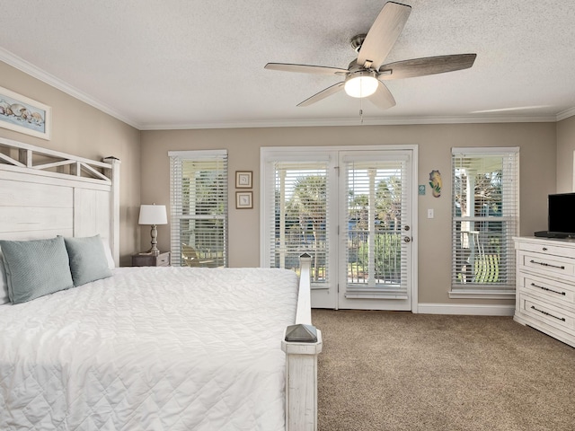 carpeted bedroom with a textured ceiling, ceiling fan, access to outside, and ornamental molding