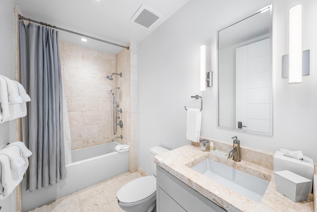 full bathroom featuring vanity, shower / bathtub combination with curtain, toilet, and tile flooring