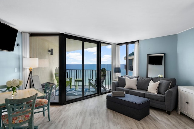 living room with a water view, light hardwood / wood-style floors, and a wall of windows