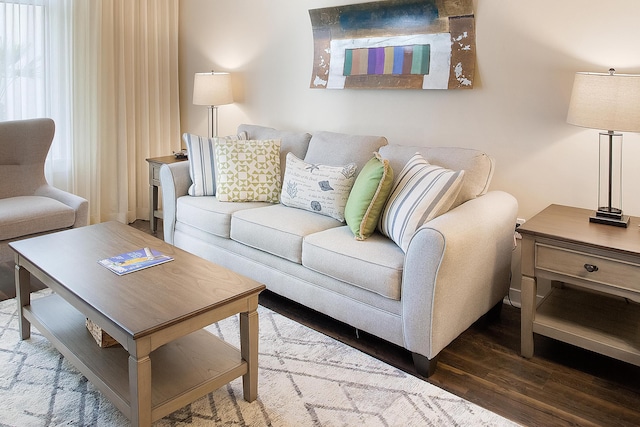 living room with dark hardwood / wood-style flooring