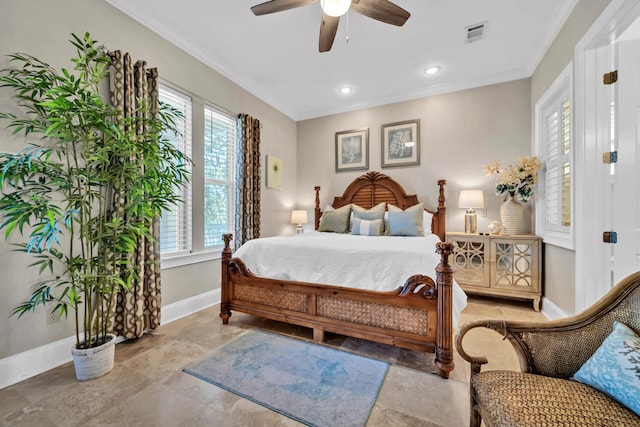 bedroom with ceiling fan and crown molding