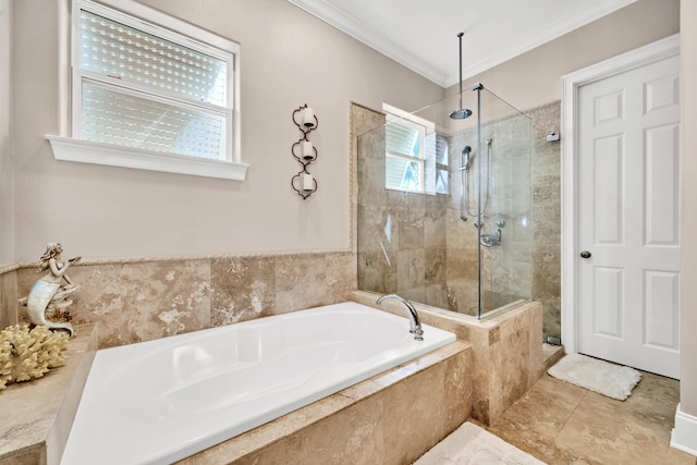 bathroom featuring crown molding, tile patterned flooring, and plus walk in shower