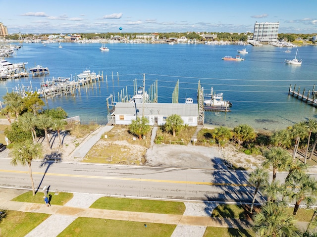 drone / aerial view with a water view