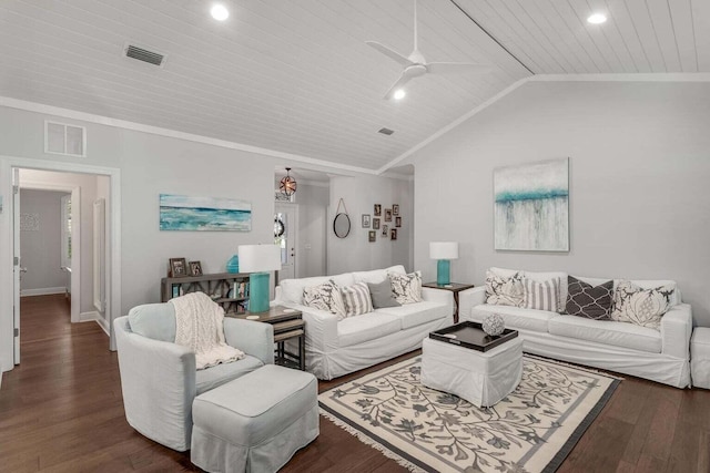 living room featuring ornamental molding, ceiling fan, and dark hardwood / wood-style floors