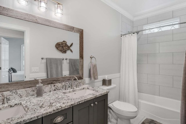 full bathroom with double sink vanity, toilet, tile floors, ornamental molding, and shower / bathtub combination with curtain