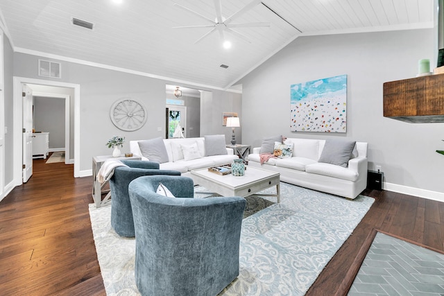 living room featuring vaulted ceiling, dark wood-type flooring, and ornamental molding