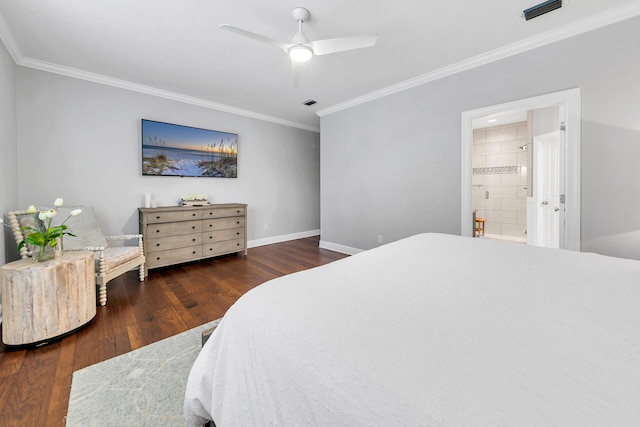 bedroom featuring ornamental molding, dark hardwood / wood-style flooring, ceiling fan, and ensuite bathroom