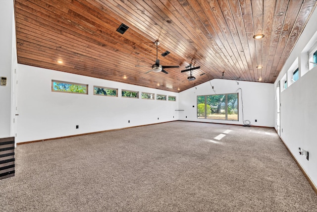 spare room with dark colored carpet, ceiling fan, high vaulted ceiling, and wood ceiling