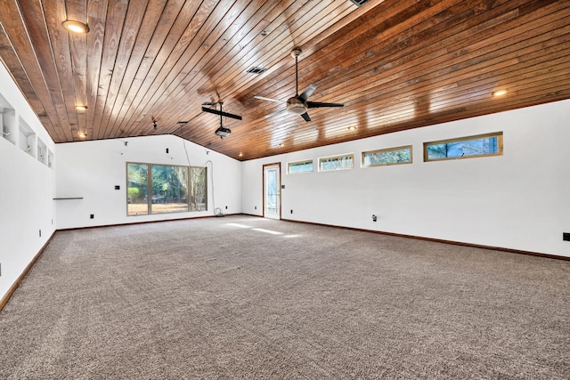 carpeted empty room featuring wood ceiling, lofted ceiling, and ceiling fan