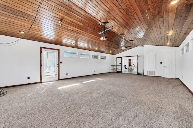 carpeted spare room with wooden ceiling, lofted ceiling, and ceiling fan