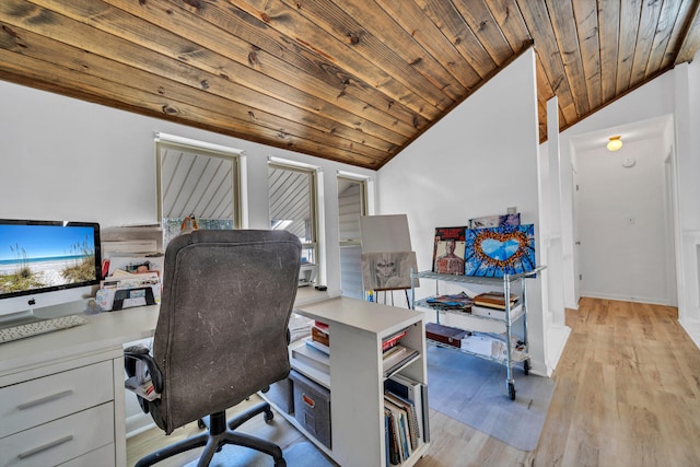 office space with lofted ceiling, light hardwood / wood-style flooring, plenty of natural light, and wood ceiling