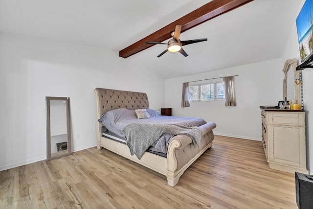 bedroom featuring light hardwood / wood-style flooring, lofted ceiling with beams, and ceiling fan