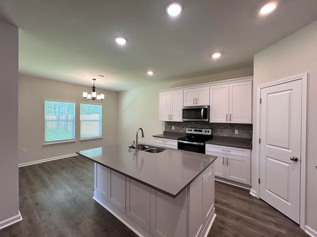 kitchen with sink, appliances with stainless steel finishes, dark hardwood / wood-style flooring, and white cabinetry