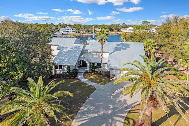 drone / aerial view with a water view