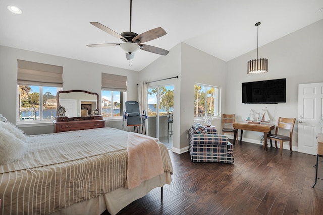 bedroom featuring lofted ceiling, dark hardwood / wood-style floors, access to outside, and ceiling fan