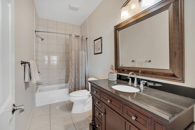 full bathroom with shower / bathtub combination with curtain, vanity, tile patterned flooring, and toilet