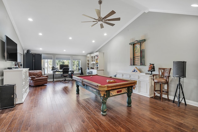 recreation room with billiards, lofted ceiling, ornamental molding, dark hardwood / wood-style flooring, and ceiling fan