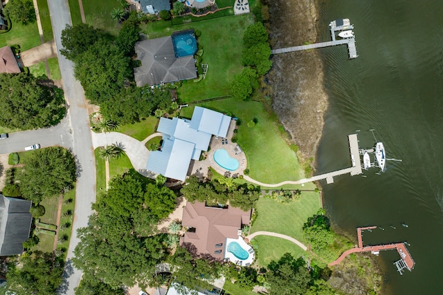 bird's eye view with a water view