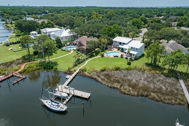 drone / aerial view with a water view