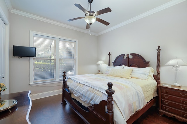 bedroom with dark wood-type flooring, ceiling fan, and ornamental molding