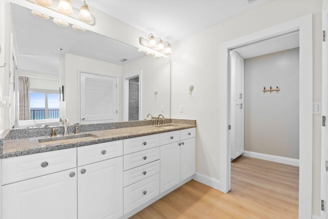 bathroom with wood-type flooring and dual bowl vanity