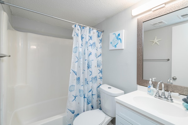 full bathroom featuring a textured ceiling, toilet, vanity, and shower / tub combo with curtain