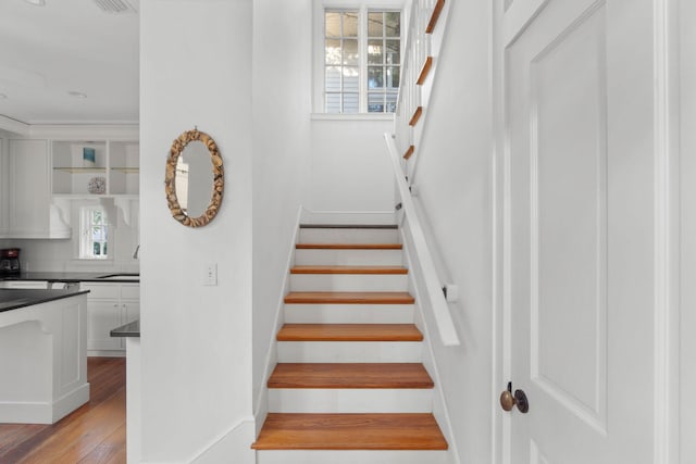 stairway featuring a healthy amount of sunlight, sink, and light hardwood / wood-style floors