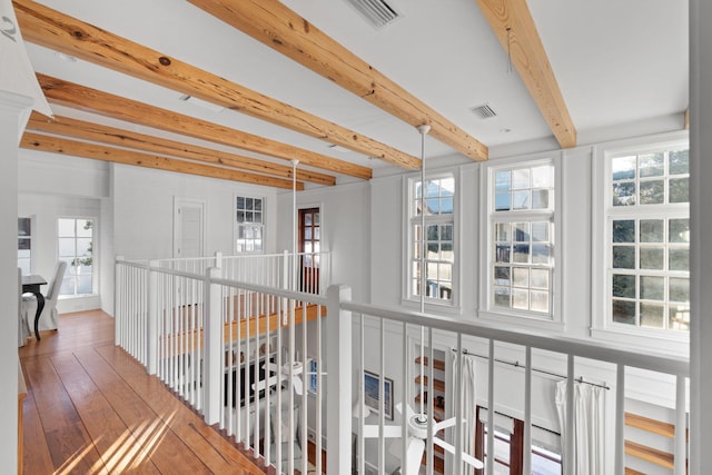 hallway featuring a wealth of natural light, wood-type flooring, and beamed ceiling