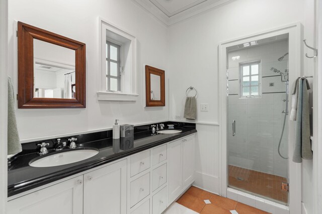 16 S Green Turtle Ln, Inlet Beach, FL 32461 - full bath featuring double vanity, crown molding, a shower stall, and a sink