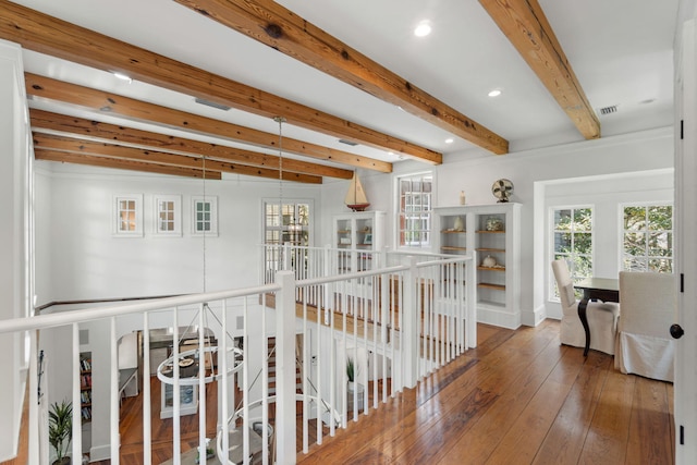 16 S Green Turtle Ln, Inlet Beach, FL 32461 - hallway with recessed lighting, baseboards, hardwood / wood-style floors, an upstairs landing, and beam ceiling