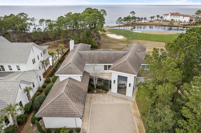 aerial view featuring a water view