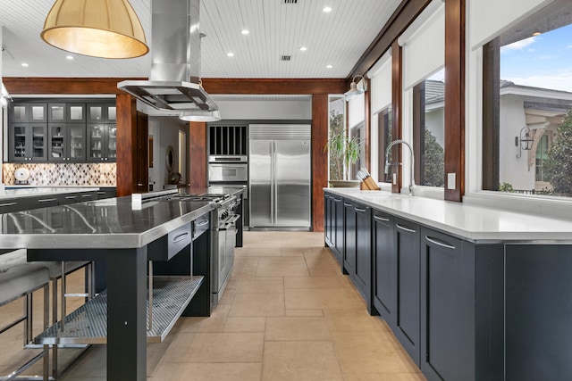 kitchen featuring an island with sink, island exhaust hood, tasteful backsplash, and premium appliances