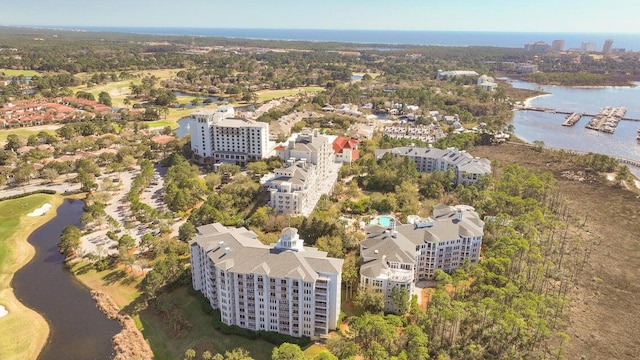 bird's eye view with a water view