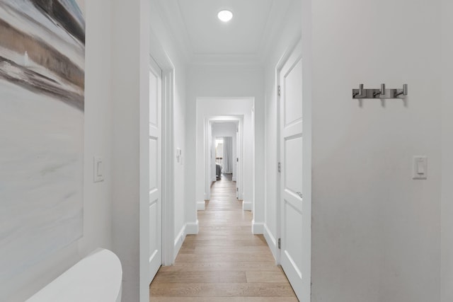 hall featuring light hardwood / wood-style flooring and ornamental molding