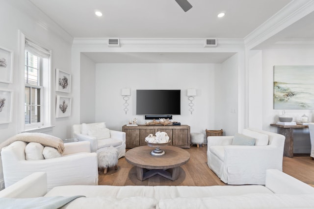 living room featuring ceiling fan, light wood-type flooring, and ornamental molding