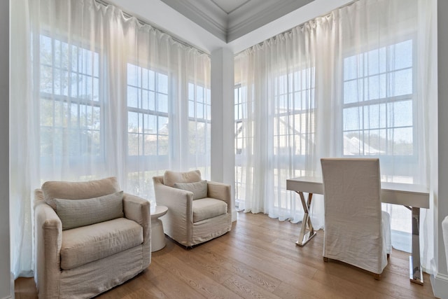 office area featuring plenty of natural light, light hardwood / wood-style floors, and ornamental molding