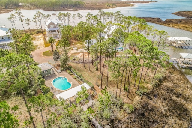 birds eye view of property featuring a water view