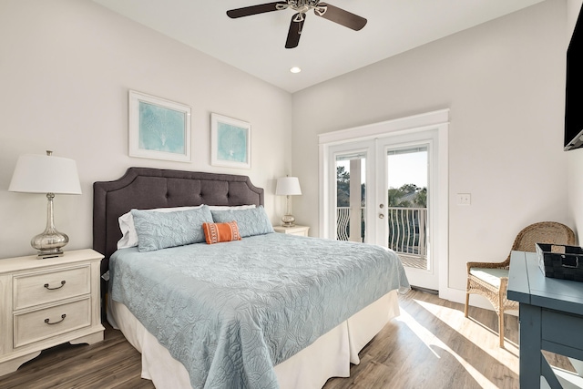 bedroom with ceiling fan, french doors, dark hardwood / wood-style flooring, and access to exterior