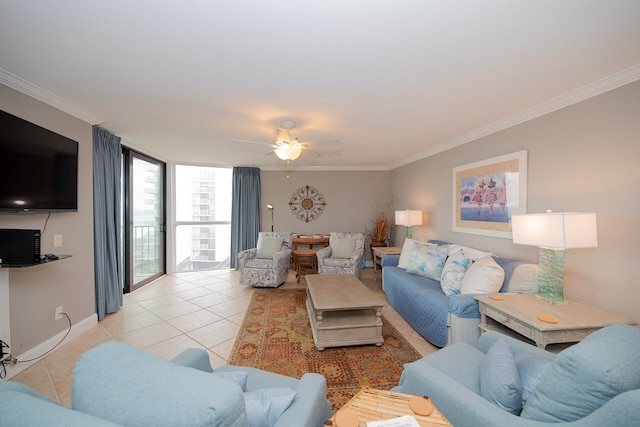 living room with ceiling fan, crown molding, and light tile floors